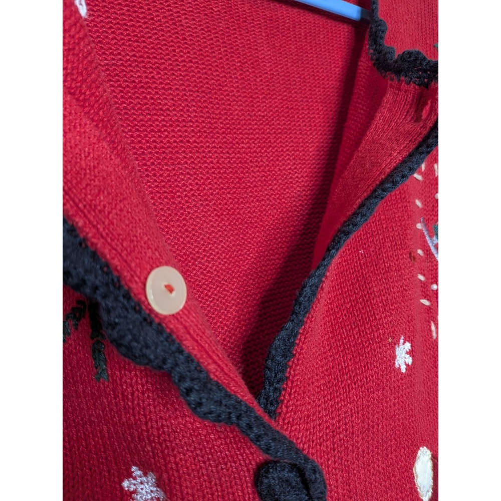 Vtg Granny Core Embroidered Cardigan Sweater Size Large Red Winter Chunky Knit - Picture 3 of 11